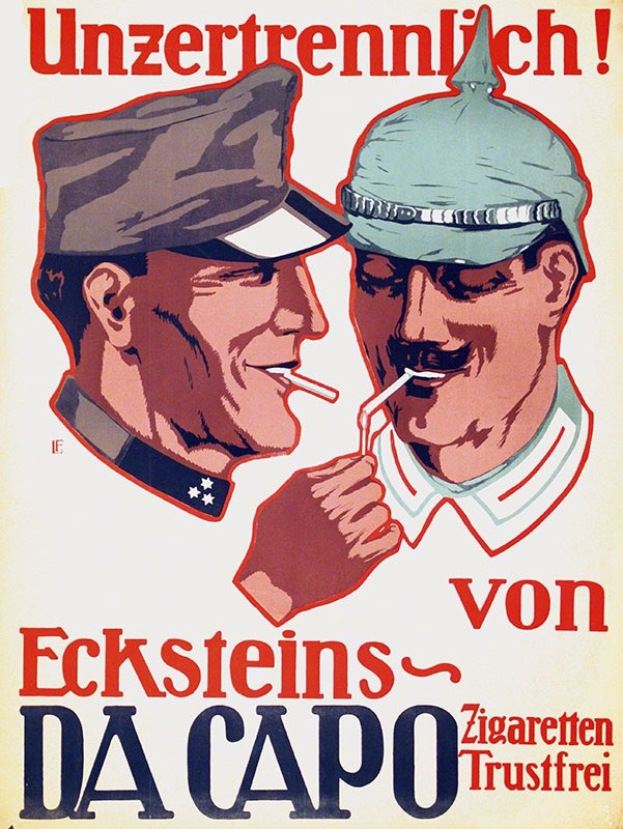 Deutsches Propagandaplakat mit zwei Männern in Mützen und Zigarettenrauch