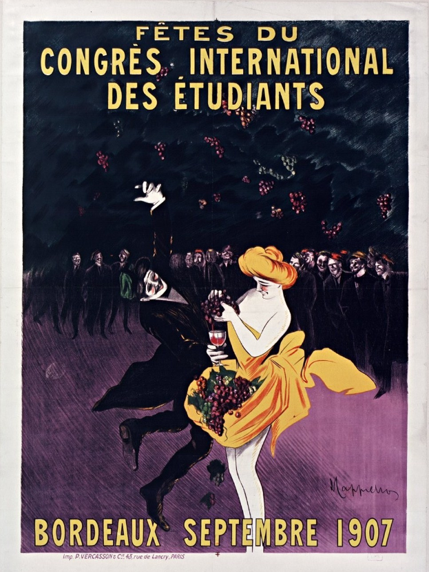 Plakat aus dem Jahr 1907, das ein Weinprobe-Event in Bordeaux, Frankreich, ankündigt, mit einer Frau in gelbem Kleid, die ein Weinglas hält, umgeben von einer Gruppe von Menschen.