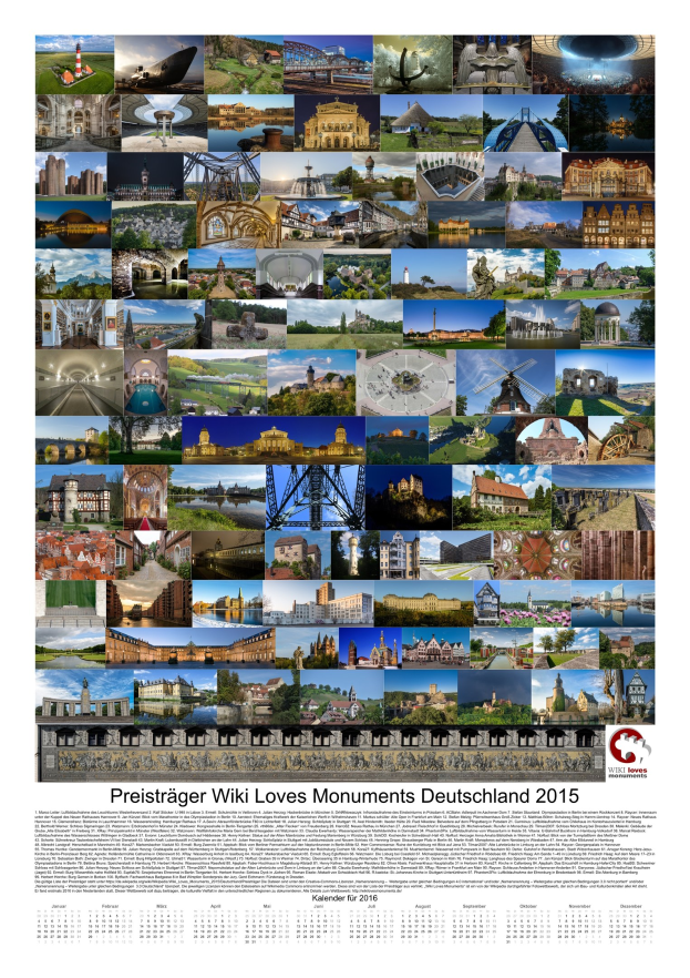Kalender mit dem Titel "Preisträger Wiki Loves Monuments Deutschland 2015" mit einer Collage deutscher Denkmäler aus dem Jahr 2015.