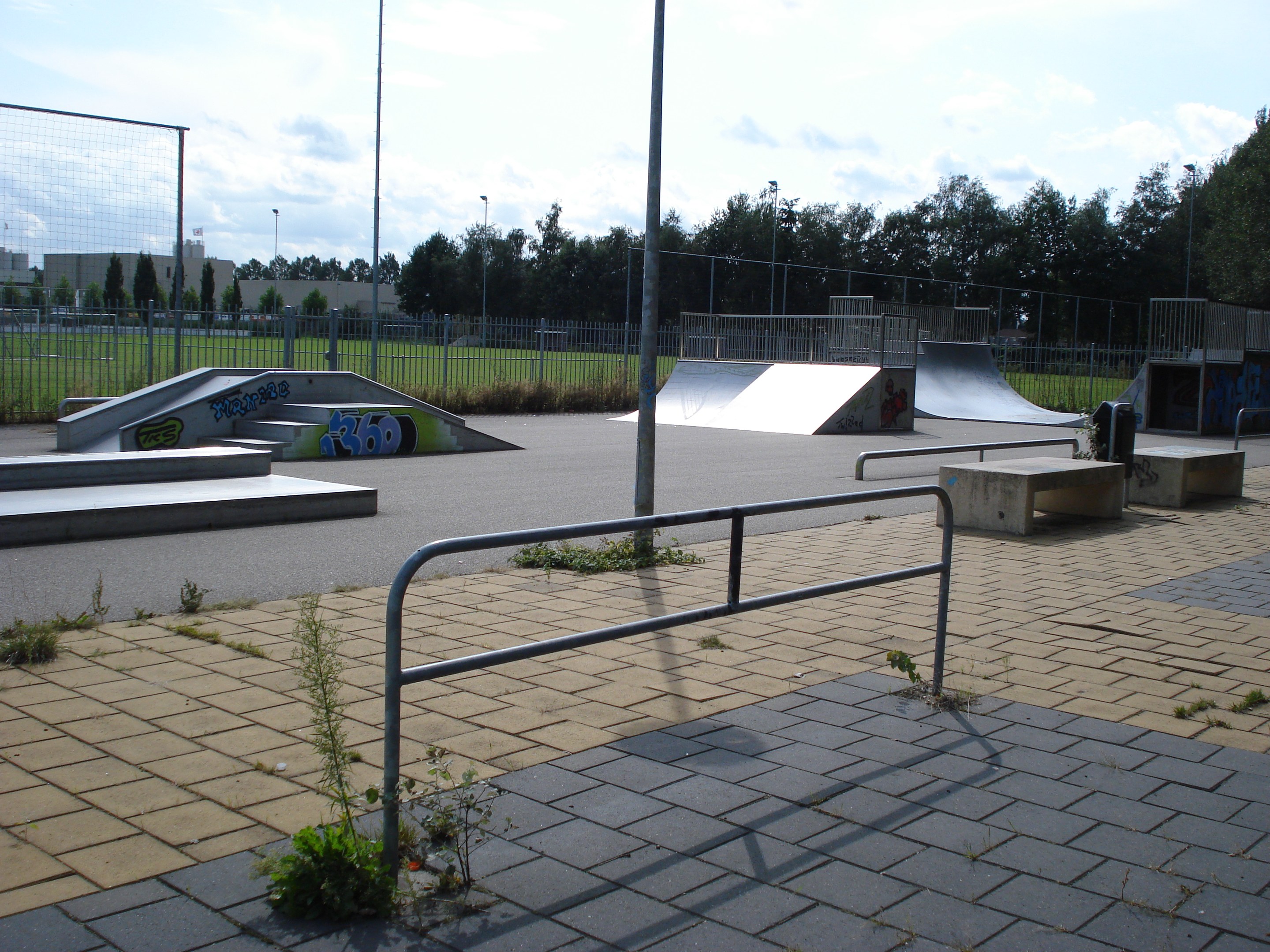 Ein Skatepark mit Rampen, Geländern, Pflanzen, Gras, Polen, Bäumen, Gebäuden und einem bewölkten Himmel im Hintergrund.