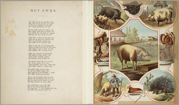 Offenes Buch mit Abbildungen von Schweinen, Hühnern und anderen Nutztieren, mit sichtbarem Text auf der linken Seite.