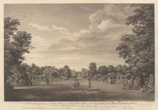 Gartenblick im Ball Hall, Palast des Prinzen von Wales, mit Bäumen, Menschen, einem Wagen, Pflanzen und einer bewölkten Himmel, mit Text unten.