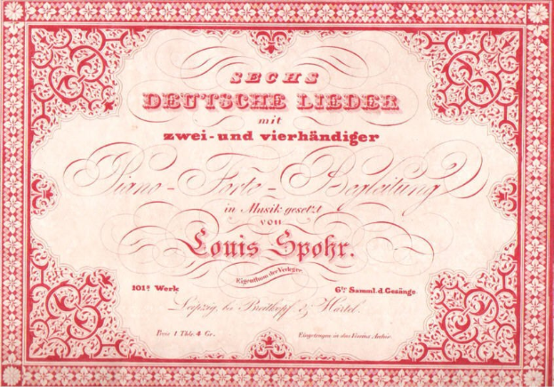 Altes deutsches Aktienzertifikat mit der Aufschrift 'Louis Spohr - Zweites Deutsches Lieder' mit rotem Rand und weißem Hintergrund.