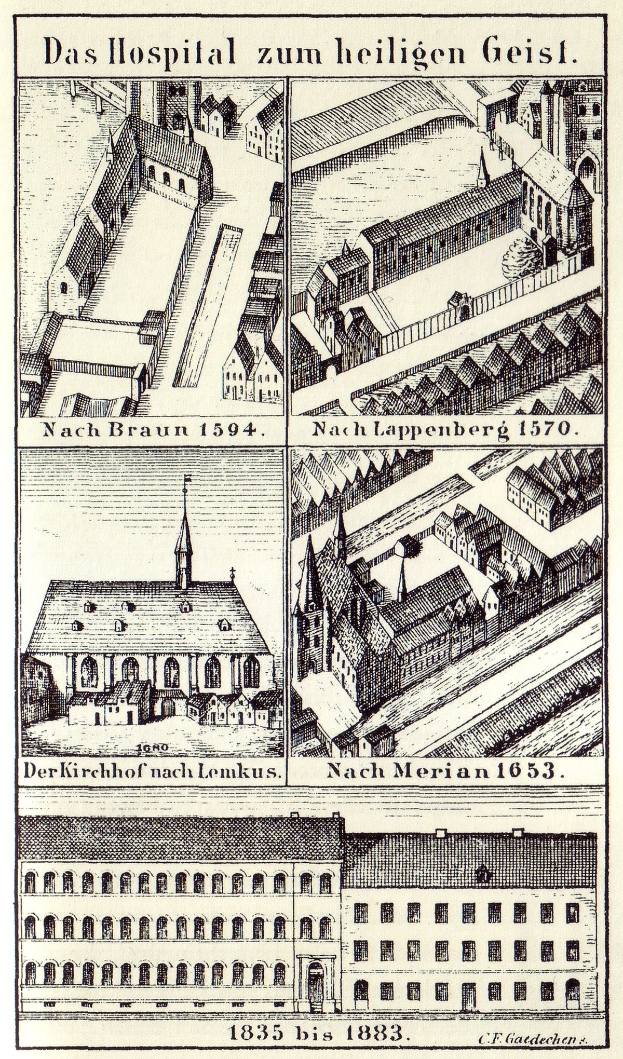 Ein detailliertes Bild eines deutschen Krankenhausgebäudes auf einem Plakat, mit Text, der Informationen über seine Größe, Lage und Merkmale enthält.