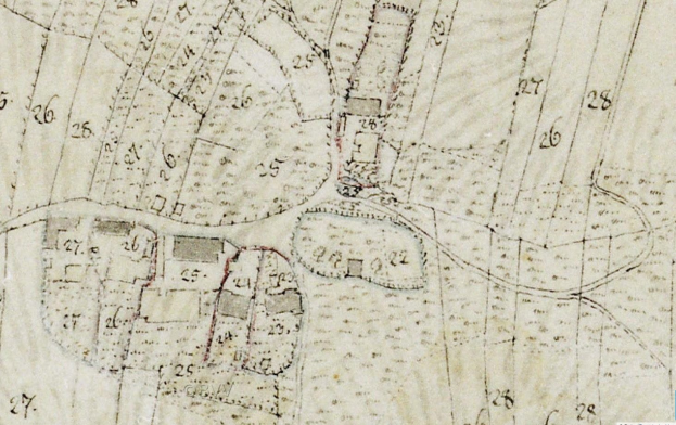 Alte detaillierte Stadtkarte mit nummerierten Gebäuden, Straßen und Text, markiert für eine geplante Entwicklung.