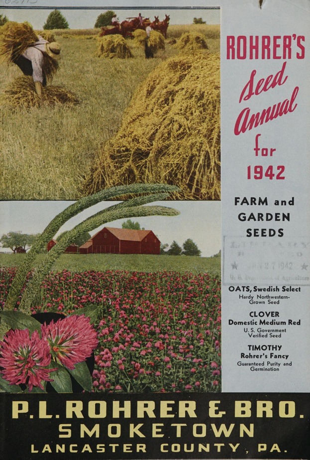 Ein Plakat für das Rohrer's Saatgut-Jahrbuch 1942 mit einer bunten Auswahl an Blumen, Pflanzen, Gras, einer Person, einem Haus, Bäumen und einem klaren blauen Himmel, mit Text, der Informationen über die Saatgut bietet.