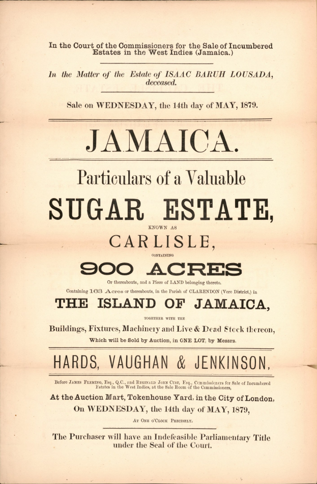 Titelblatt eines alten Buches mit dem Titel "Jamaica: Particulars of a Valuable Sugar Estate, Carlisle, 900 Acres, The Island of Jamaica"