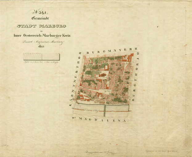Detailierte alte Stadtplan von Stadt Marburg, der Straßen, Gebäude und Sehenswürdigkeiten zeigt, mit zusätzlichem Text über Bevölkerung und bemerkenswerte Merkmale.