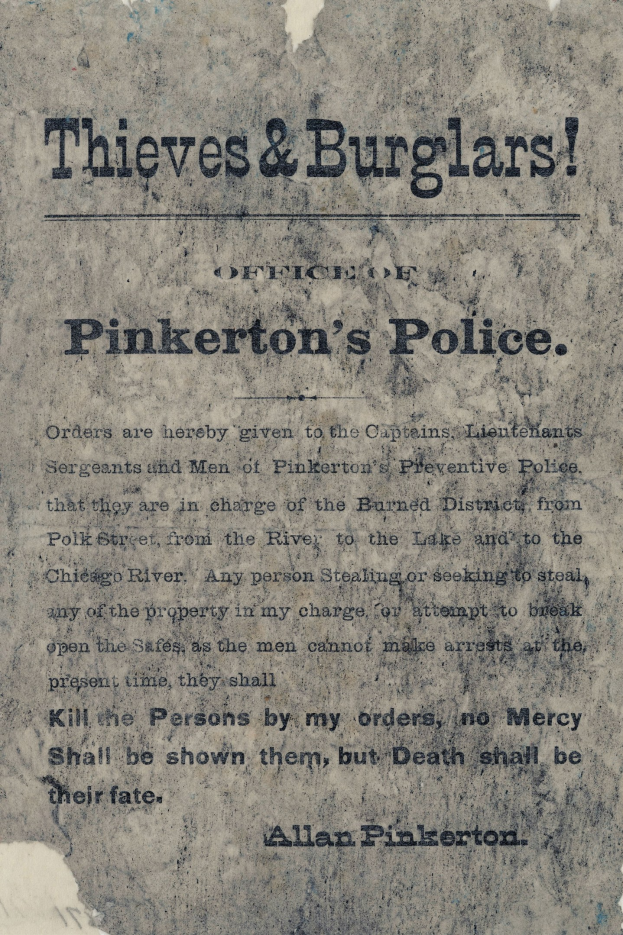 Plakat mit fetter schwarzer Schrift "Diebe & Einbrecher Pinkertons Polizei" auf weißem Hintergrund, umrandet von einem schmalen schwarzen Rand.