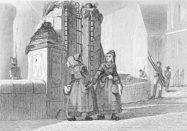 Schwarz-weißes Gravur von zwei Frauen vor einem Gebäude, mit anderen Menschen im Hintergrund, betitelt "Victorian Women in the City of London."