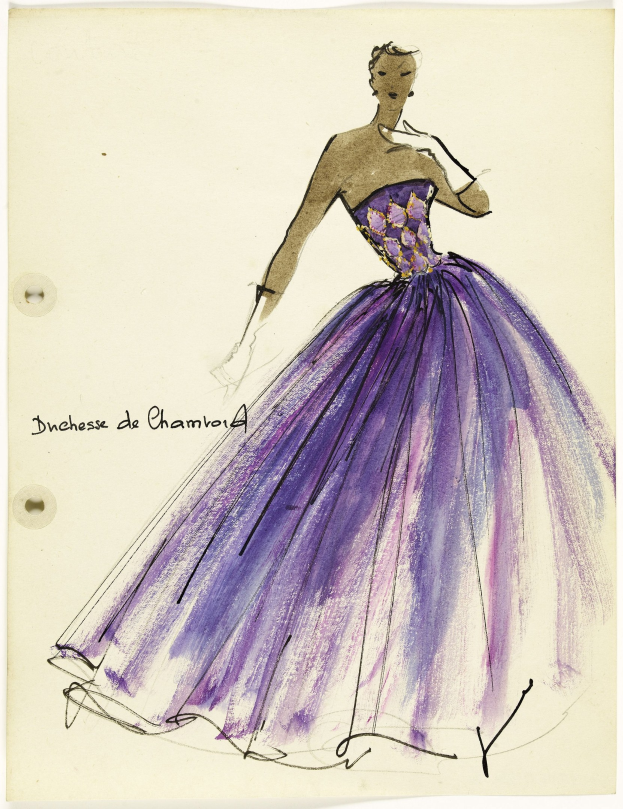 Skizze einer Frau in einem lila Kleid mit kunstvoller Spitze und Perlen, entworfen von KÜNSTLER, mit handgeschriebener Text auf dem Papier.