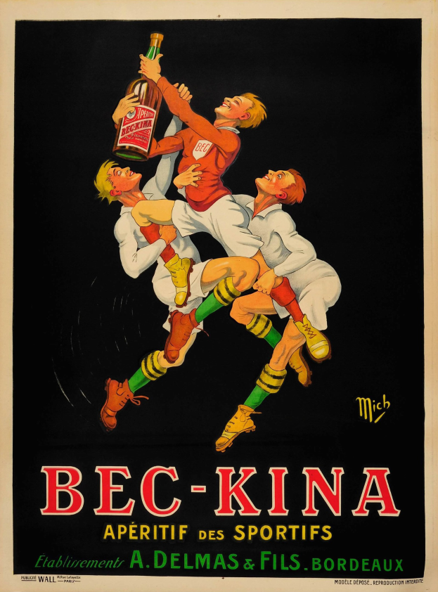 Plakat für Bec-Kina Aperitif des Sportifs mit drei Personen, die eine Flasche des Produkts halten, und Text, der das Produkt und seine Vorteile beschreibt.