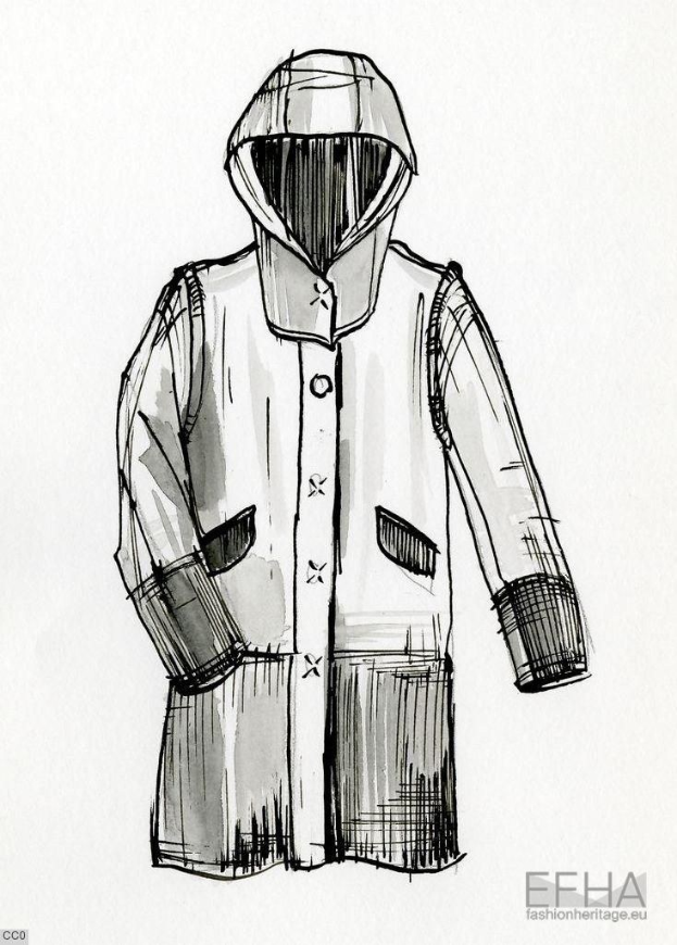 Schwarzer und weißer Skizzenentwurf einer Kapuzenjacke mit detaillierten Linien und Kurven, entworfen von efha, mit einer hochgezogenen Kapuze und stilisierter Text am unteren Rand.