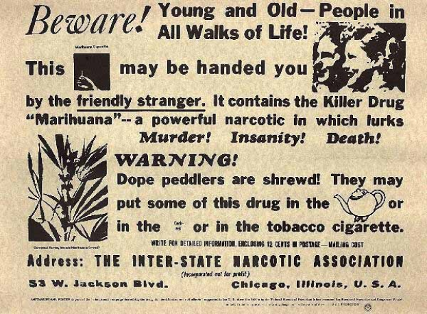 Schwarz-weißes Zeitungsinserat für die Inter-State Narcotic Association mit einem Bild eines Mannes und einer Frau und dem Warnhinweis "Vorsicht, jung und alt in allen Lebensbereichen".