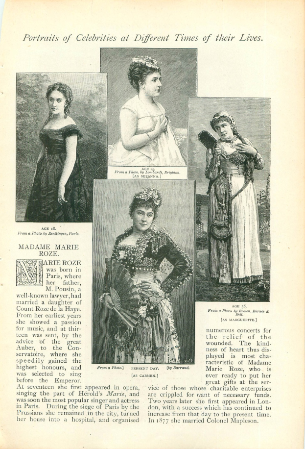 Ein altes Buch mit dem Titel "Porträts von Prominenten zu verschiedenen Zeiten ihres Lebens" zeigt ein zentrales Bild einer Frau in einem langen, wallenden Kleid mit einem hohen Kragen und langen Ärmeln, deren Haar zurückgebunden ist und die einen sanften Gesichtsausdruck hat.