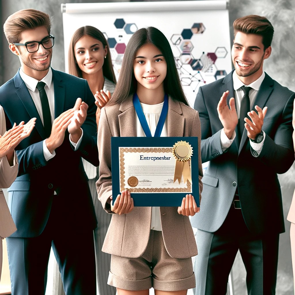 Eine Gruppe von Menschen in einem beruflichen Setting, die klatschen und feiern, wobei eine Frau in der Mitte ein Zertifikat hält und eine Medaille um den Hals trägt.