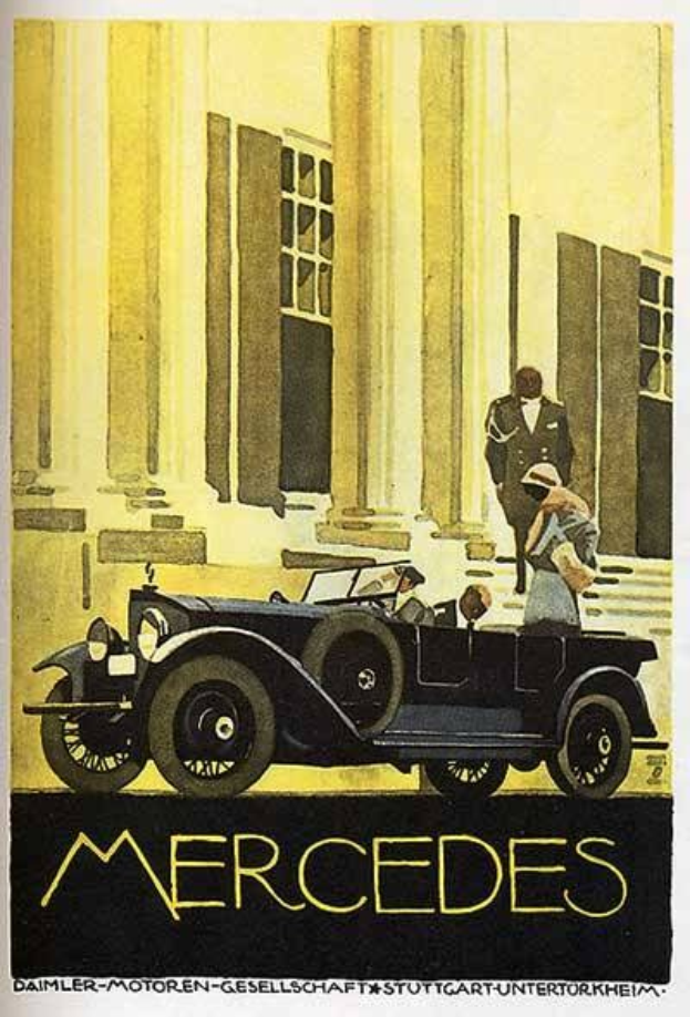 Vintage Mercedes-Benz-Plakat aus den 1920er Jahren mit einem klassischen Auto mit zwei Insassen, das vor einem modernen Gl├Ąserturm geparkt ist, mit 'Mercedes-Benz'-Text unten.