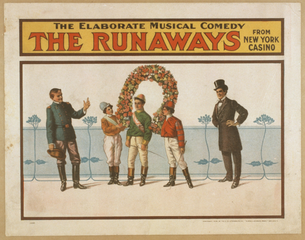 Plakat für "Elaborate Musical Comedy Runaways from New York Casino" mit einer Gruppe von Menschen in einer Reihe, einer Person mit einem Blumenstrauß und Textbeschreibung