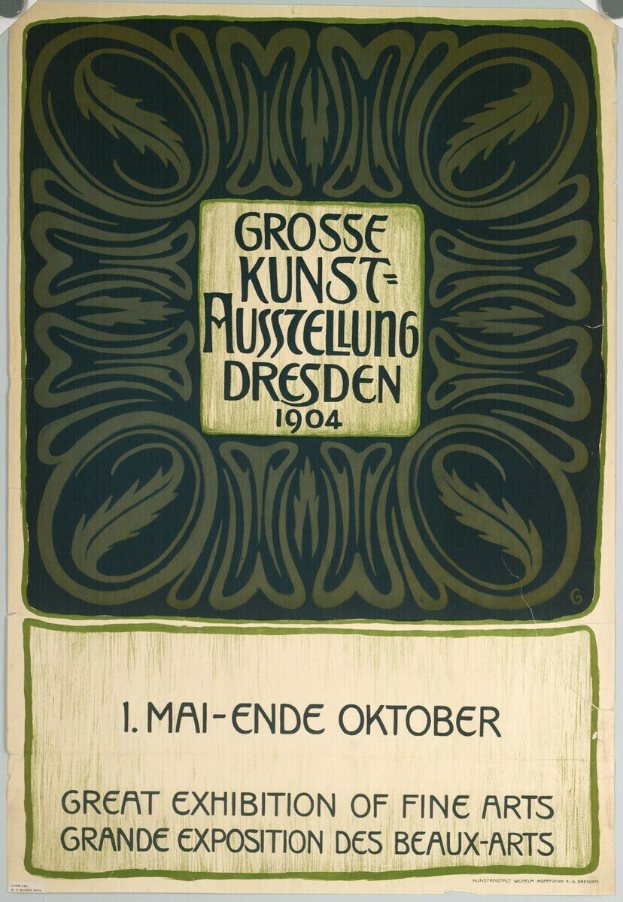 Plakat für die Große Ausstellung der Schönen Künste auf der Grand Exposition des Beaux-Arts in Dresden, Deutschland, 1904, mit auffälligem Text, der das Ereignis ankündigt.