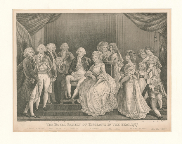 Gruppenbild der englischen Königsfamilie im Jahr 1787, stehend und sitzend auf einer Treppe mit Vorhängen im Hintergrund, einschließlich Text unten.