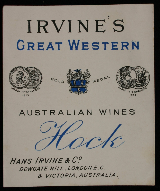 Plakat, das Irvine's Große Western Australian Wines Hock mit Firmenlogos und Text ankündigt, der verschiedene Weinarten angibt.
