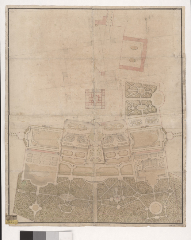 Ein handgezeichneter Stadtplan auf Papier mit dichtem Baumbestand, konzentriert um eine markante Struktur, und begleitet von Text.