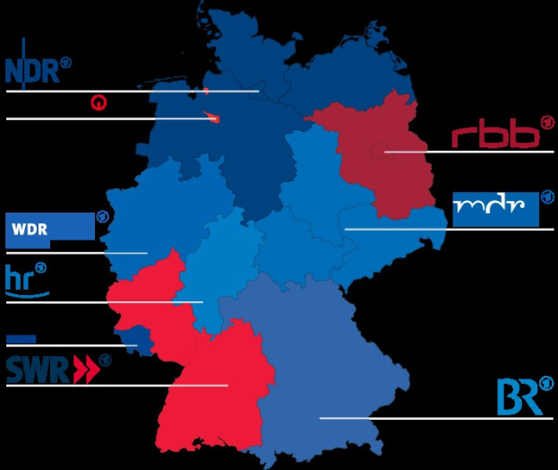 Eine Deutschlandkarte mit provinces in rot und blau markiert, die die Ergebnisse der Wahl von 2016 zeigt, einschließlich der Namen der Kandidaten und des Wahldatums.