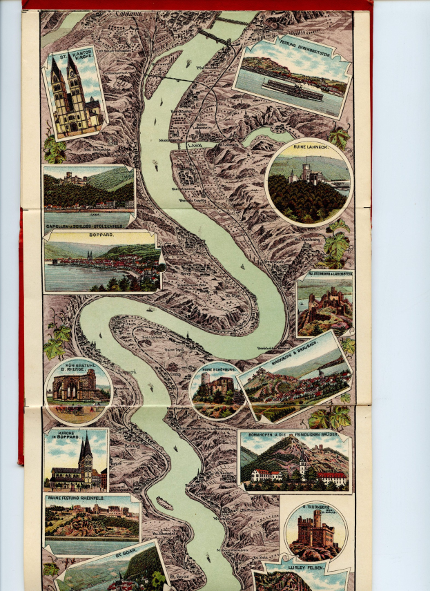 Alte Karte des Rheins in Deutschland in einem Foto Rahmen, mit Illustrationen von Gebäuden, Bäumen und Wasser drumherum.