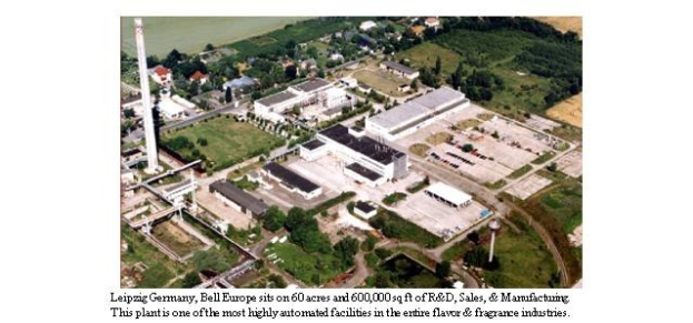 Luftaufnahme eines großen Industriegebiets in Leipzig, Deutschland, mit Gebäuden, Bäumen, Pflanzen, Gras, Straßen, Masten und anderen Objekten, beschriftet mit "Bell Europe" unten.