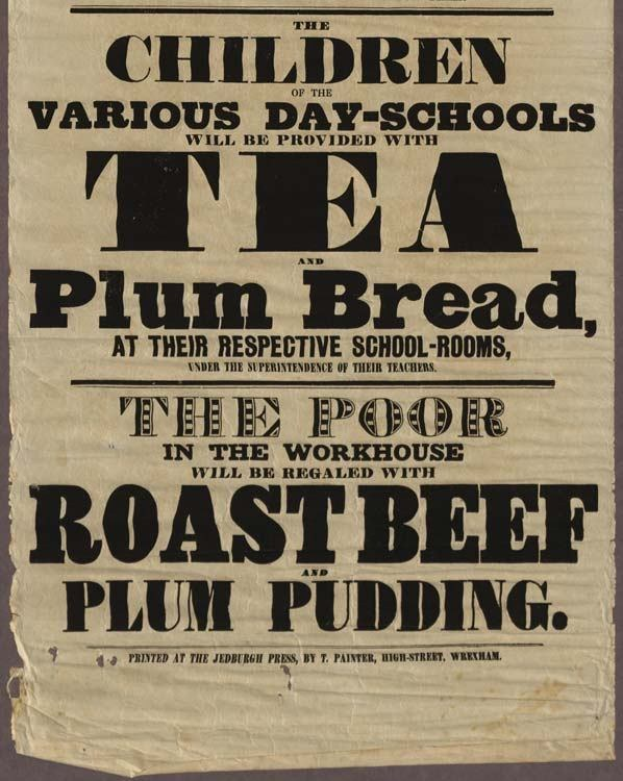 Ein Blatt mit Text, auf dem steht, dass Kindern aus verschiedenen Tagesschulen Tee, Zwetschgenbrot, Roastbeef und Zwetschgenpudding serviert wird.