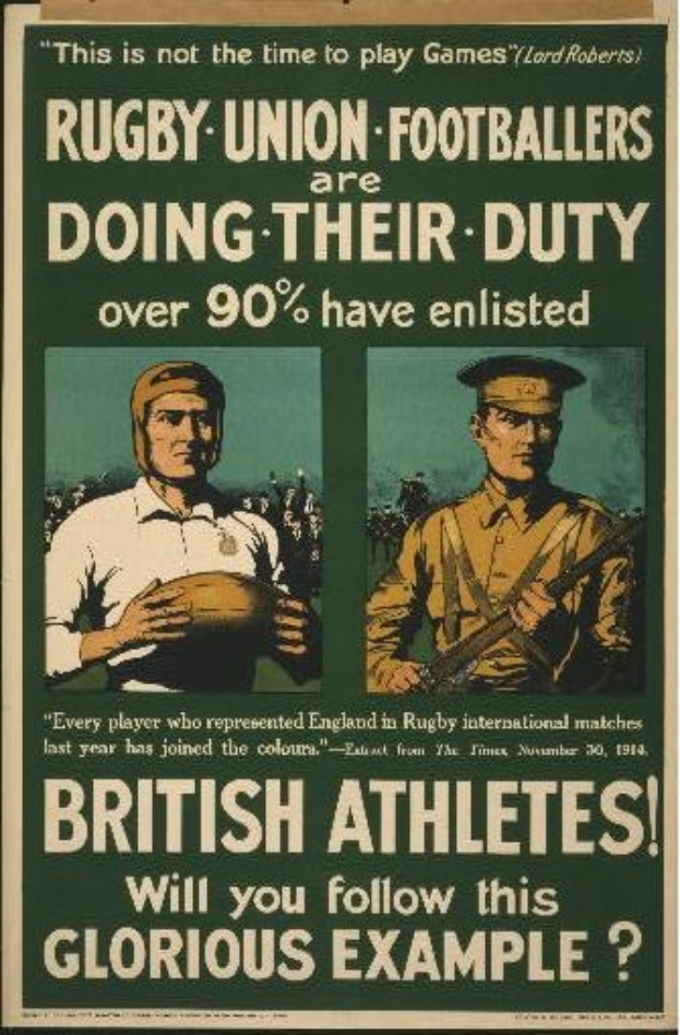Britisches Armee-werbeposter mit zwei Rugbyspielern in Uniform, mit Text zur Förderung der Athleteneinsatz.