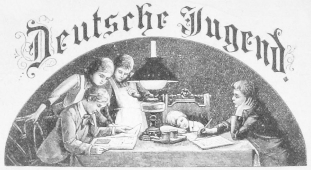 Schwarz-weißes Plakat mit "Deutsche Jugend" über Kindern, die um einen Tisch mit einer Lampe, Büchern und anderen Gegenständen sitzen.