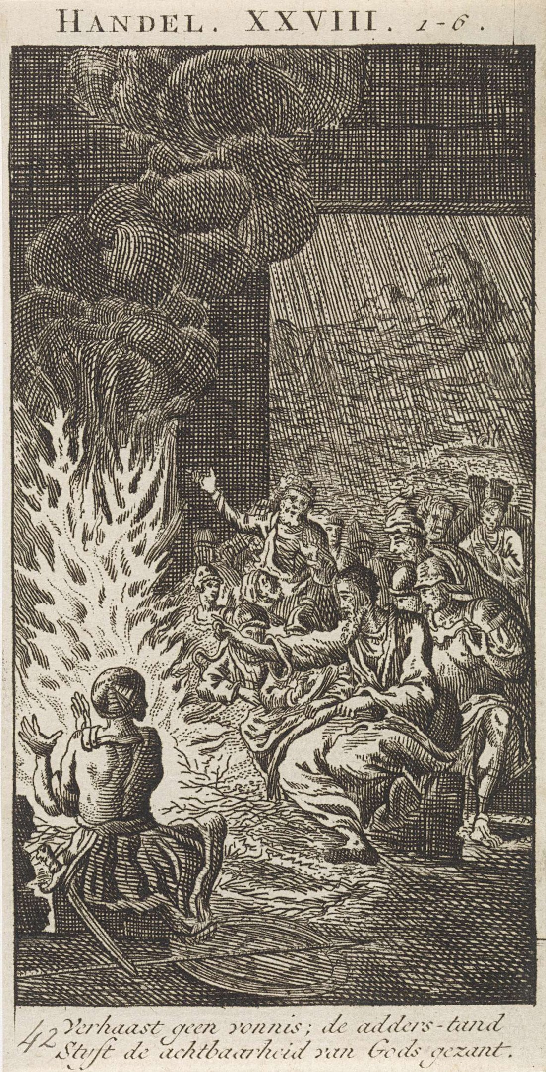 Schwarz-weißes Gravur von Menschen, die sich um ein Feuer versammelt haben, einige schauen ängstlich nach oben und andere ehrfürchtig nach unten, mit Text oben und unten auf dem Papier.