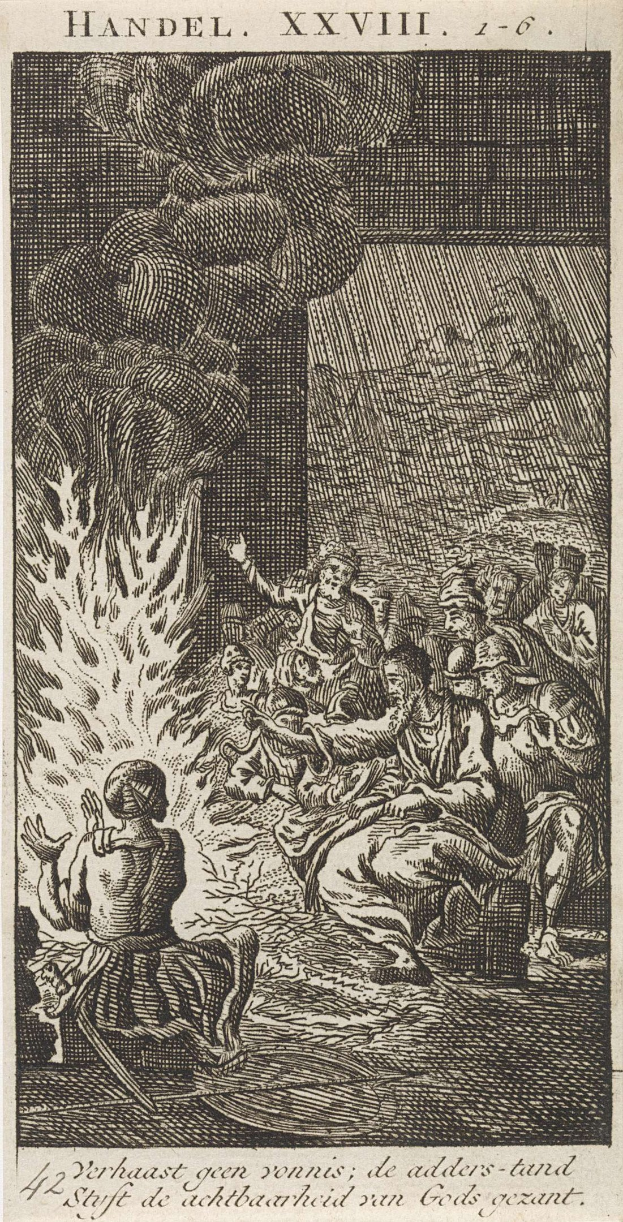 Schwarz-weißes Gravur von Menschen, die sich um ein Feuer versammelt haben, einige schauen ängstlich nach oben und andere ehrfürchtig nach unten, mit Text oben und unten auf dem Papier.