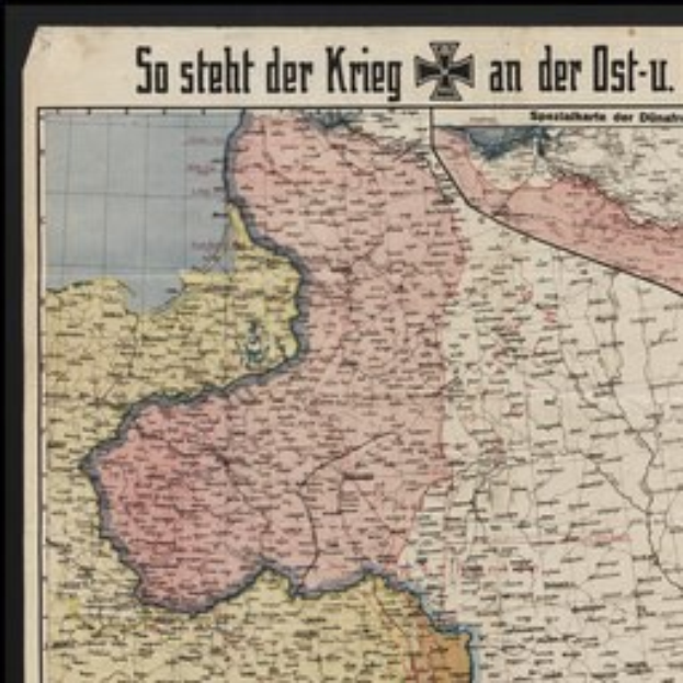 Ein gerahmtes Deutschland-Karte mit der Inschrift "So Steht der Krieg an der Ost-U" darüber.