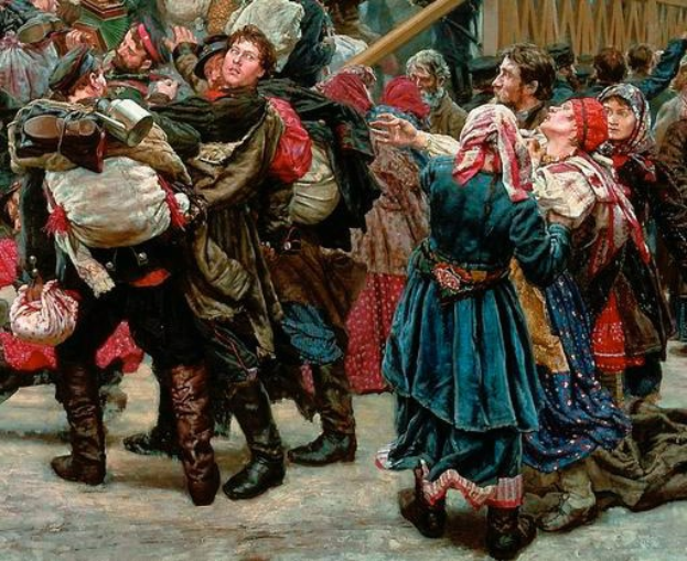 Gemälde, das eine lebhafte Gruppe von Menschen in traditioneller russischer Kleidung während einer festlichen Szene tanzt, einige halten Gegenstände, vor einem Publikum und einem Holzhaus, das an die russische Revolution erinnert.