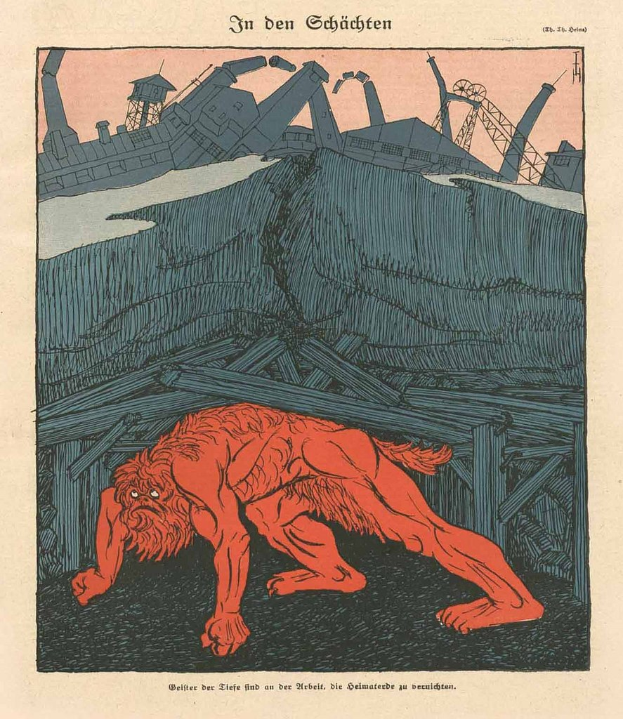 Illustration eines bedrohlichen Werwolfs in Kampfstellung vor einem rauchenden Fabrikschornstein unter einem tiefblauen Himmel, mit einem Plakat im Vordergrund, das das Bild des Werwolfs und eine fette Schrift enthält.