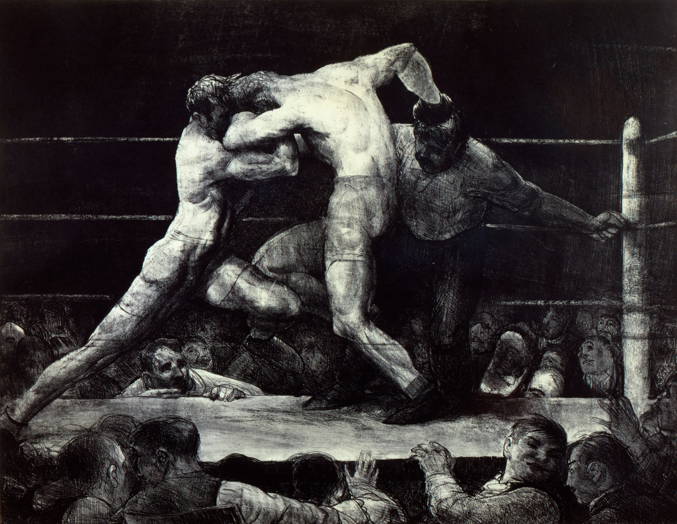 Schwarz-weiß-Zeichnung von zwei Boxern im Ring, die sich gegenseitig Schläge versetzen, während eine jubelnde Menge zusieht.