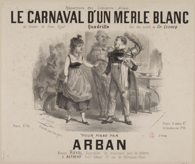 Ein Blatt mit einer Zeichnung eines Mannes und einer Frau in traditioneller Kleidung vor einem festlichen Karneval, betitelt "le carnaval d'un merle blanc."