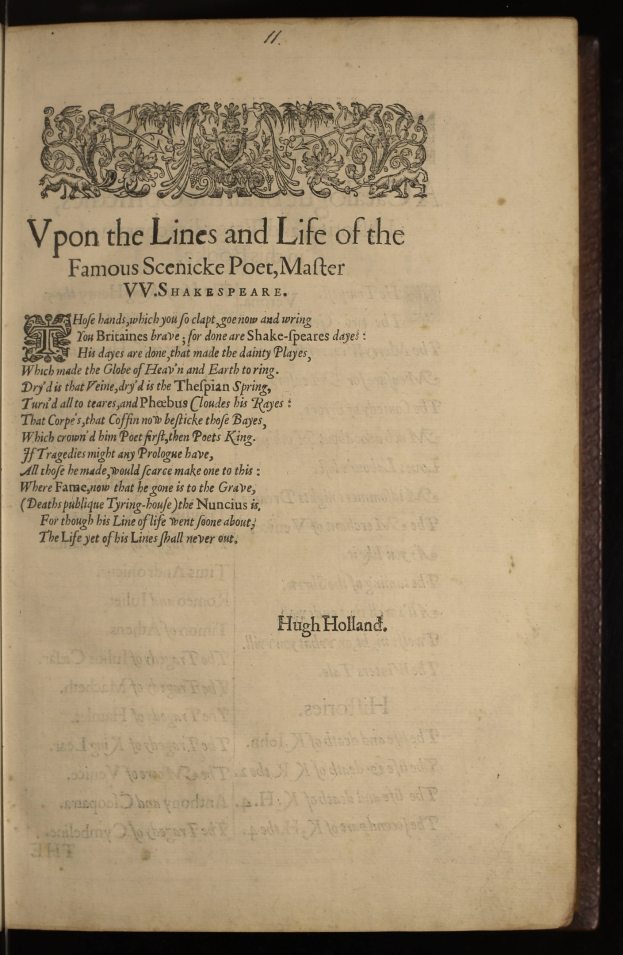 Offenes Buch mit dem Titel "Vpon den Linien und dem Leben des berühmten Landschaftsdichters, Mater" auf dem dunklen Hintergrund.