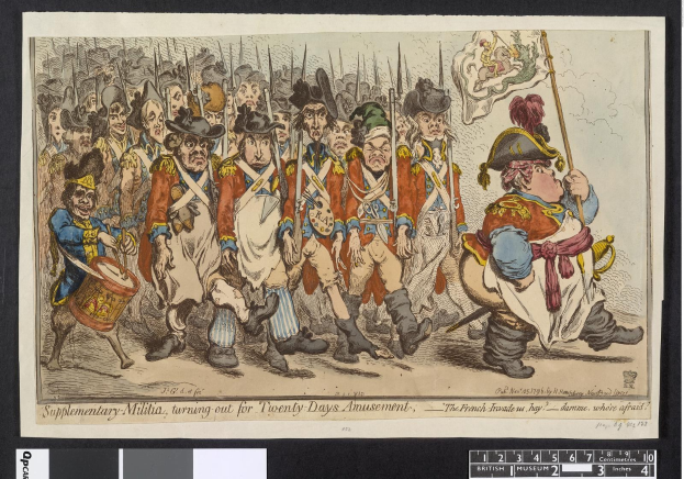 Eine Gruppe von Männern in Militäruniformen marschiert auf einer Straße, einer hält einen Stock in der Hand, mit dem Text "Zusatzmiliz, zum 20-tägigen Vergnügen antretend" unten.