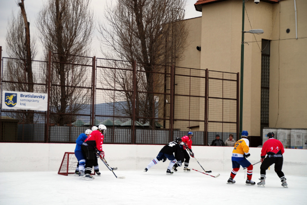 Personen spielen Eishockey auf einem Eisstadion mit Gebäuden, Bäumen, einer Straßenlaterne, einem Namensschild und Zäunen im Hintergrund unter einem Himmel.