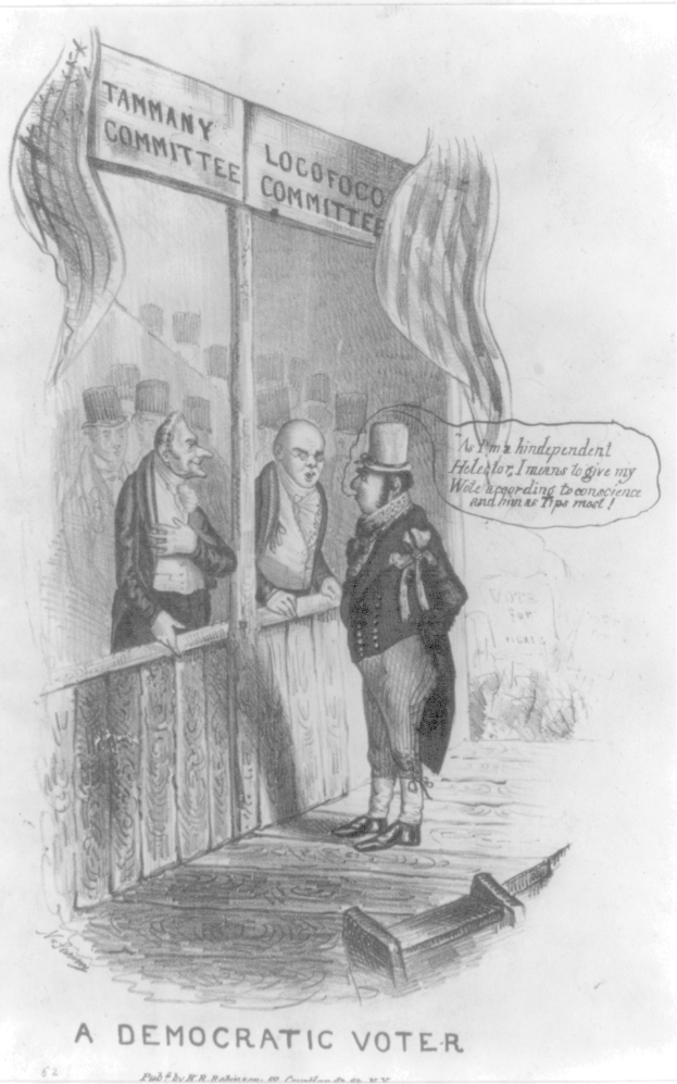 Ein Mann im Anzug steht selbstbewusst vor einer Tür mit der Aufschrift "Ein demokratischer Wähler" und ist bereit, den Wahlprozess in Angriff zu nehmen.