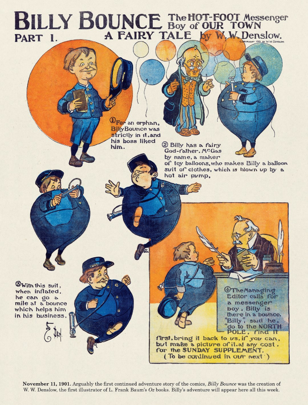 Cartoon-Abbildung eines jungen Jungen in einem Zylinder und einem Cape, der einen Zauberstab und ein Buch hält, betitelt mit "Billy Bounce, der Hot Foot Messenger, Teil 1: Ein Märchen."