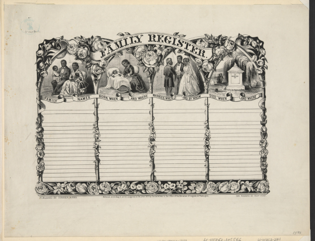 Schwarzes und weißes Familienstammbuch mit einem Gruppenfoto in der Mitte und handgeschriebenem Text.