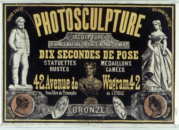Plakat für eine Skulpturenausstellung in Paris, Frankreich, das Bilder von Skulpturen und beschreibenden Text zeigt.