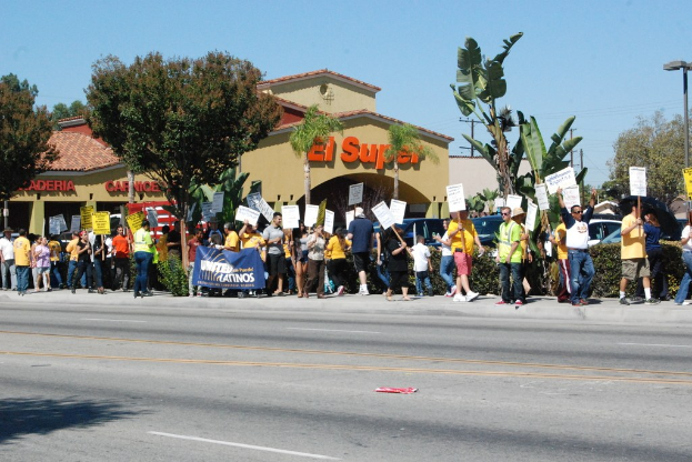 Menschen mit Schildern bei einer Demonstration, mit kleinen Büschen, einer Fahne, einem Gebäude mit Namensschildern und Autos im Hintergrund.
