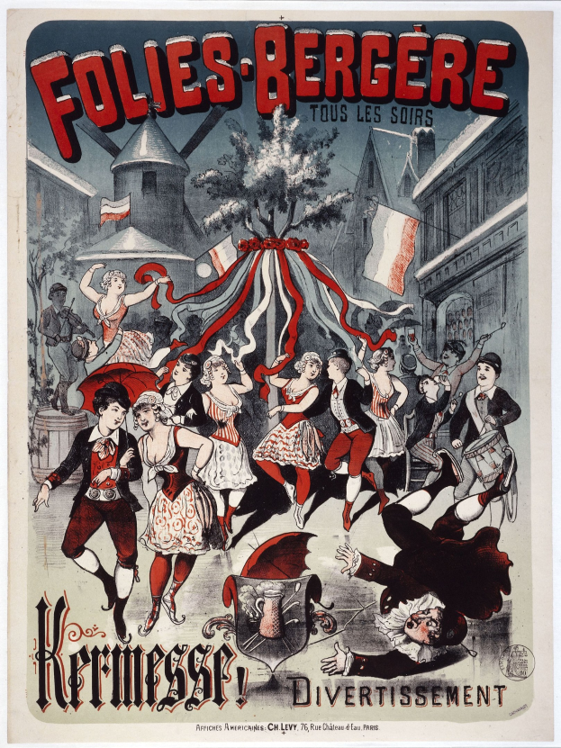 Plakat für das Folies-Bergère-Festival in Paris mit tanzenden Menschen im Vordergrund und Gebäuden, Flaggen und einem Baum im Hintergrund sowie französischem Text oben und unten.