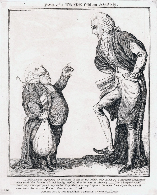 Schwarz-weiß-Zeichnung von zwei sich gegenüberstehenden Personen, eine hält eine Tasche, mit handgeschriebenem Text "Zwei eines Handwerksfeldes einigen sich" zwischen ihnen.