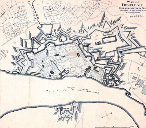 Ein detaillierter Stadtplan-Poster von Düsseldorf, Deutschland, mit Straßen, Gebäuden und Sehenswürdigkeiten, begleitet von Texten über die Bevölkerung, Geschichte und Kultur der Stadt.